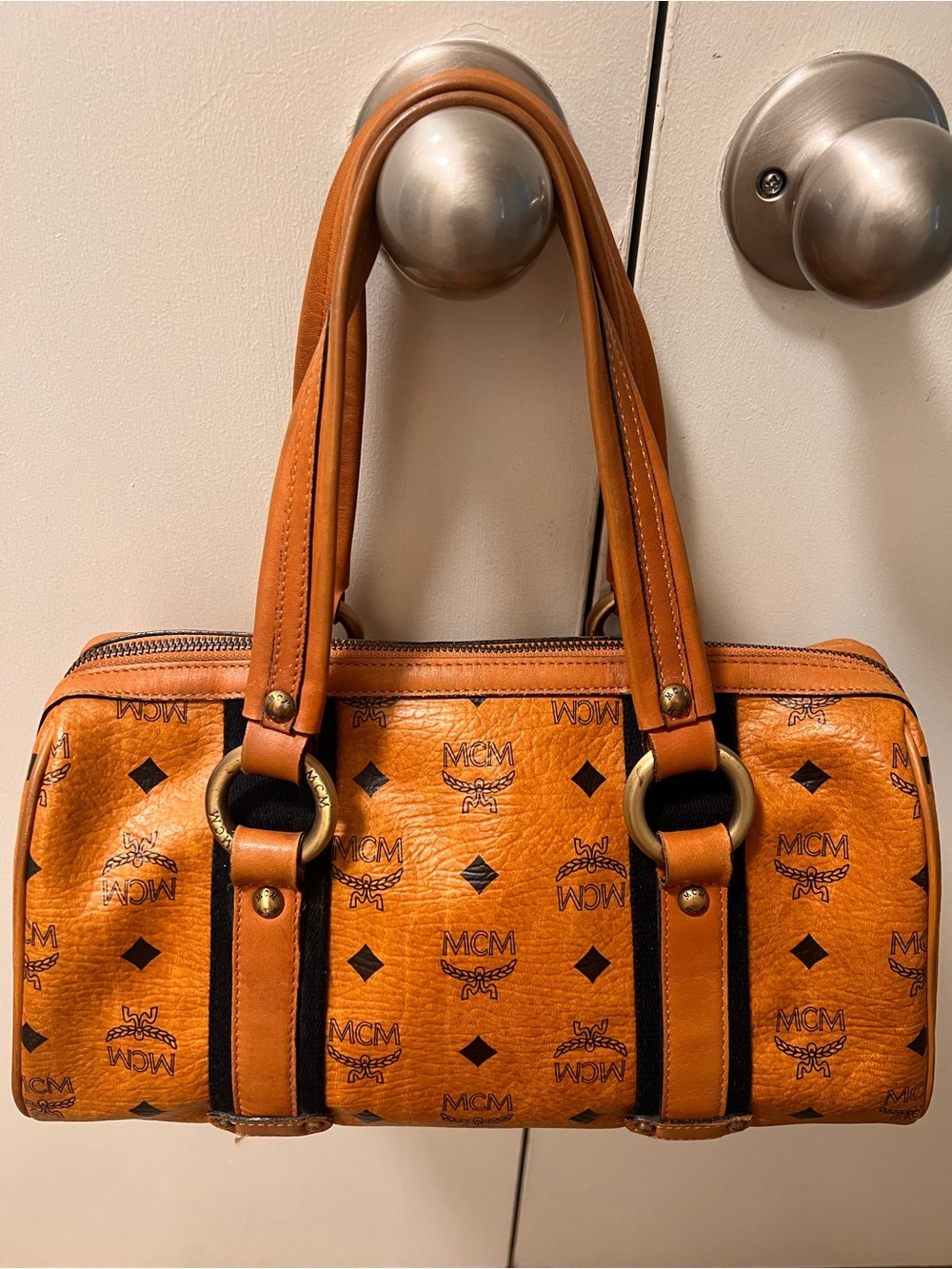 MCM Cognac Monogram Barrel Satchel with Gold Hardware - Picture 2 of 11